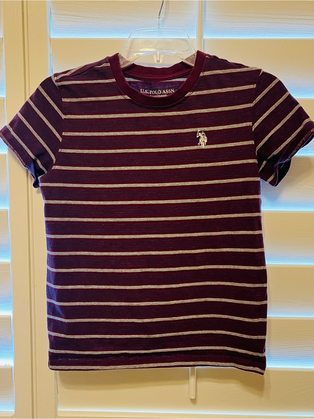 U.S. Polo Assn. Kids Short Sleeve Crewneck Tee in Plum with Gray Stripes